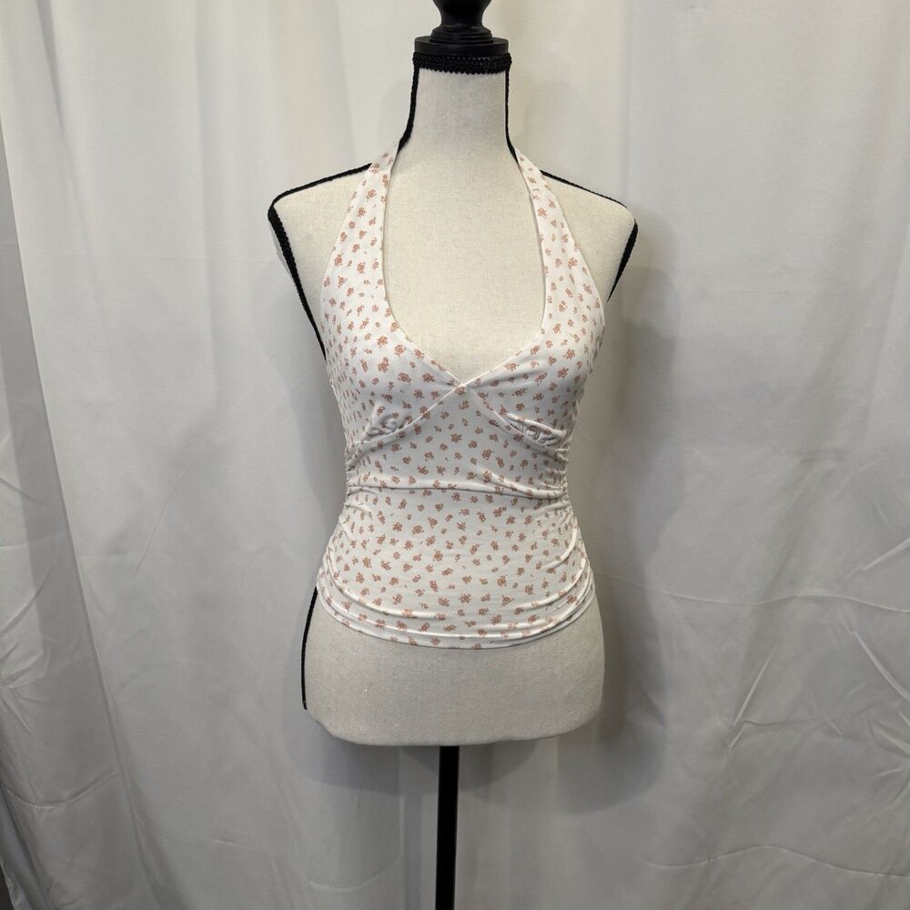 Ambiance Floral Halter Top Cream Peach Ruched Side V-Neck Size Small
